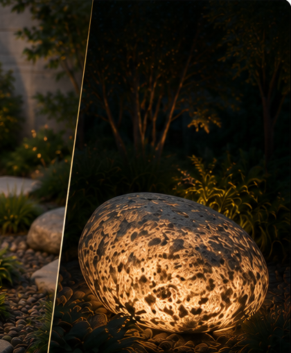 LumiRock near architectural garden path