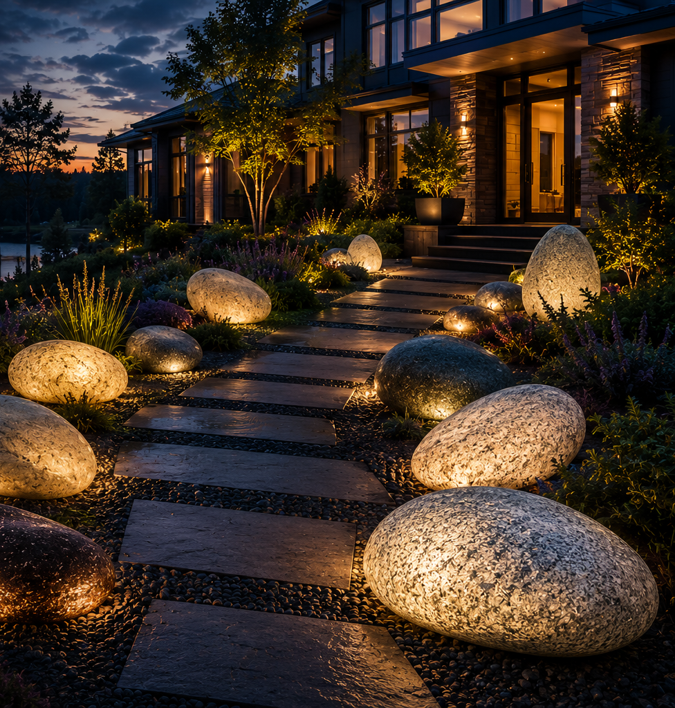 LumiRock glowing natural stone in premium evening landscape